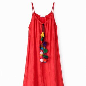 Vasna Coral Boho Maxi Dress Tassel Tie Pom Detail